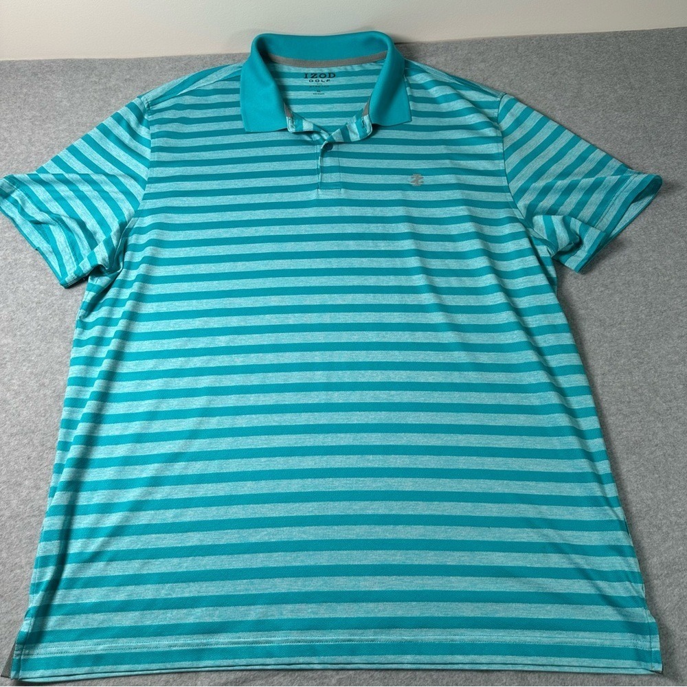 IZOD‎ Golf Mens XL Teal Striped Performance Short Sleeve Polo Shirt Stretch